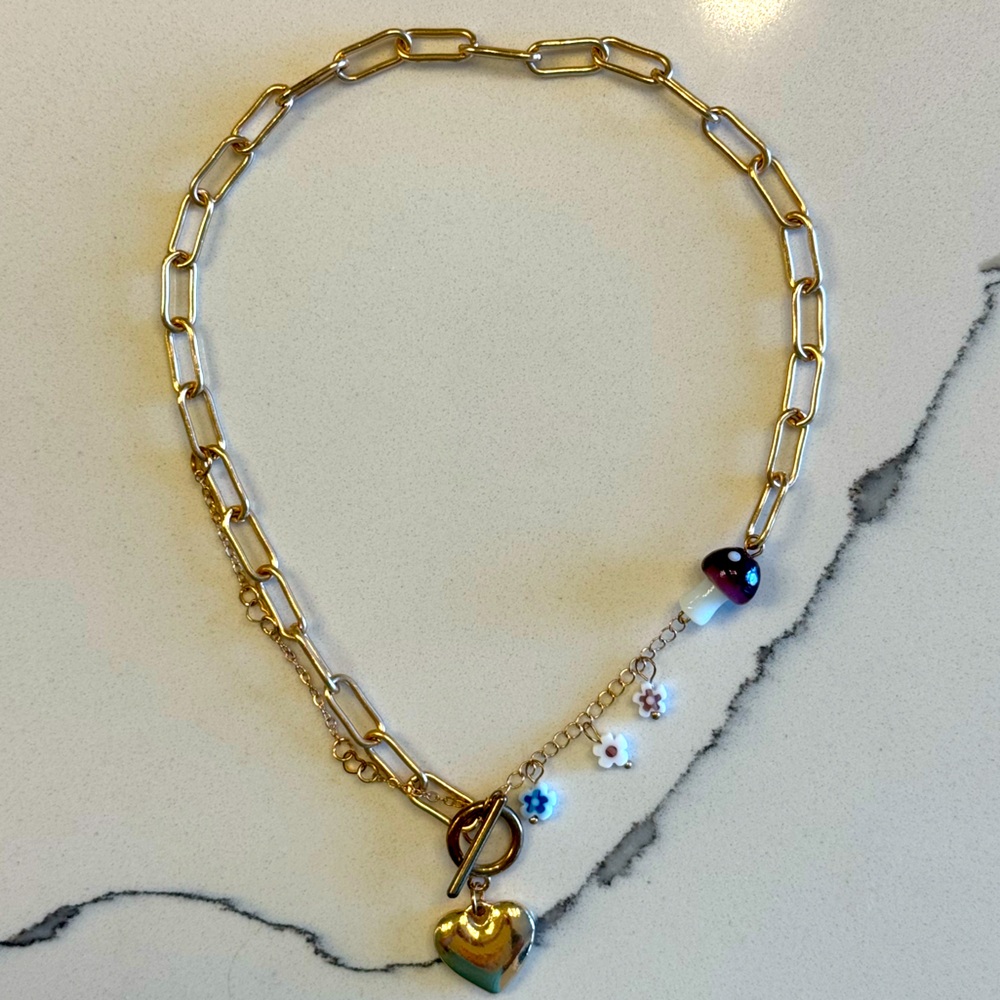 Heart Toggle Mushroom Paperclip Necklace